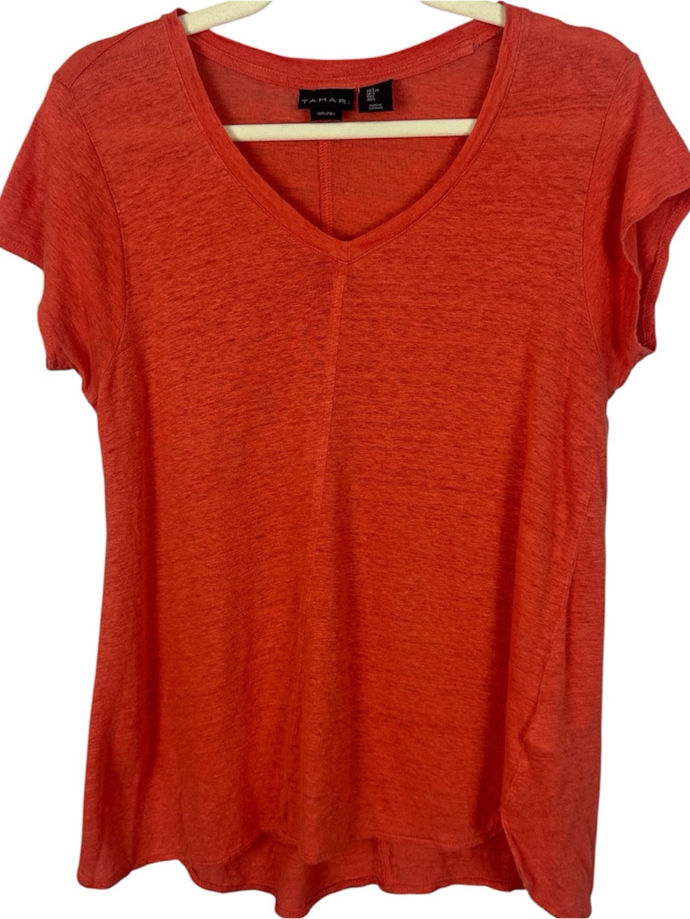 Tahari 100% Linen V-Neck Cap Sleeve Tee Coral Orange Size Large